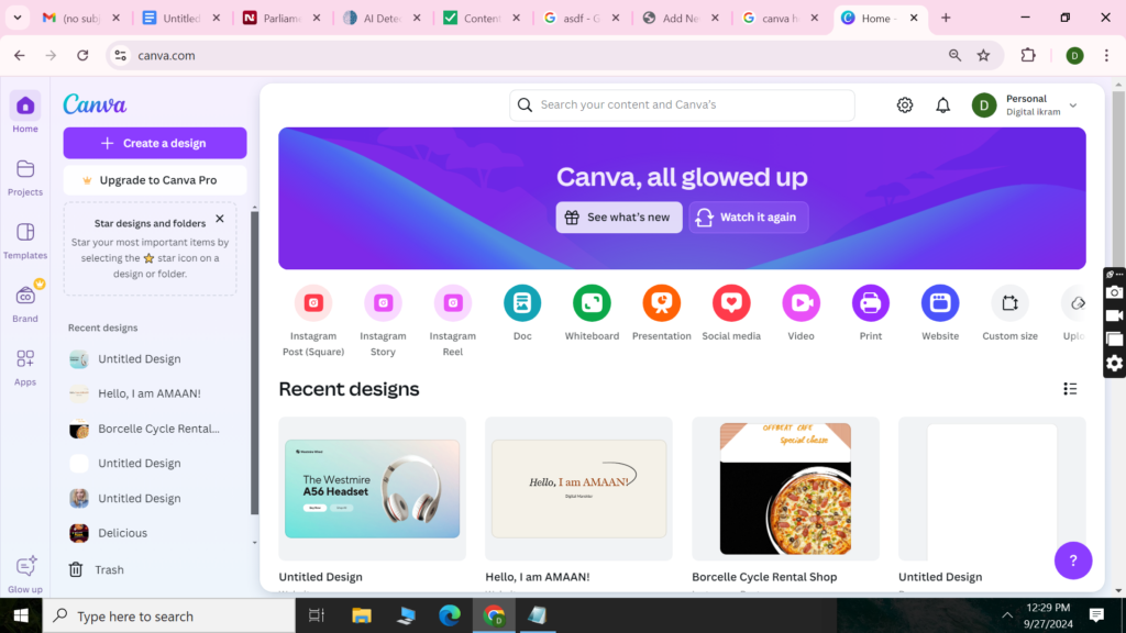 Canva Home Page 